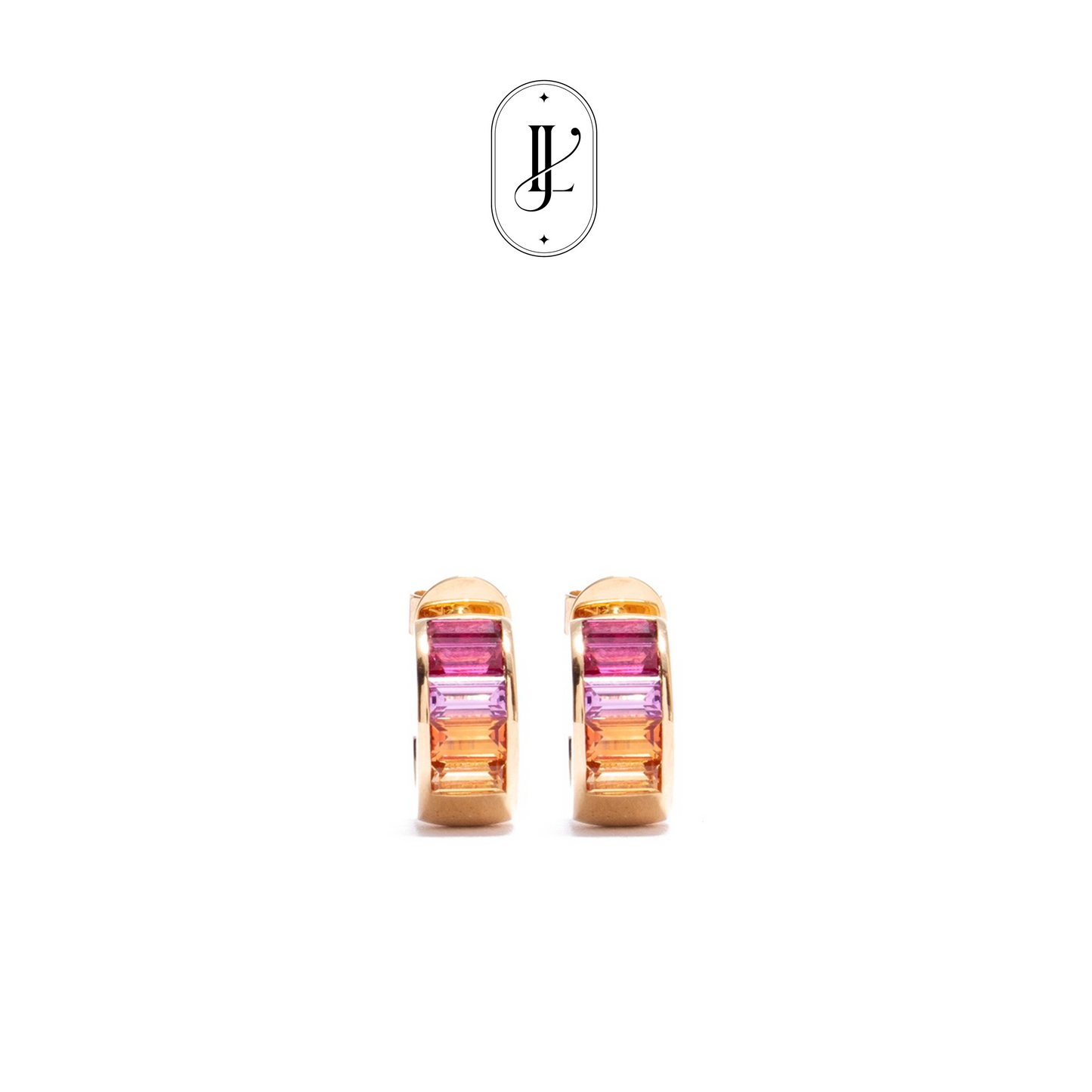Fancy color sapphire baguette earring in 18k yellow gold