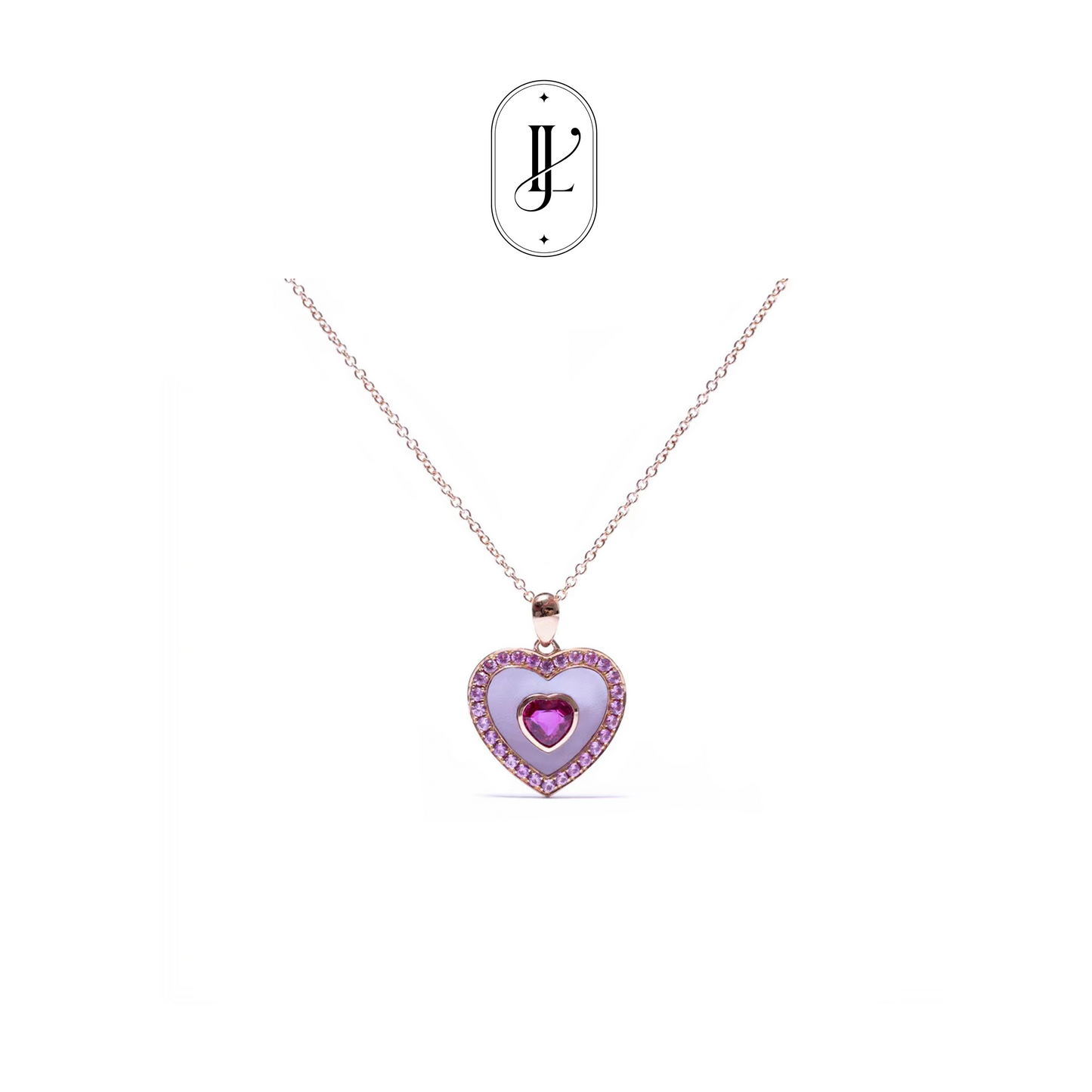 Ruby heart necklace in 18k rose gold with mother of pearl and pink sapphire