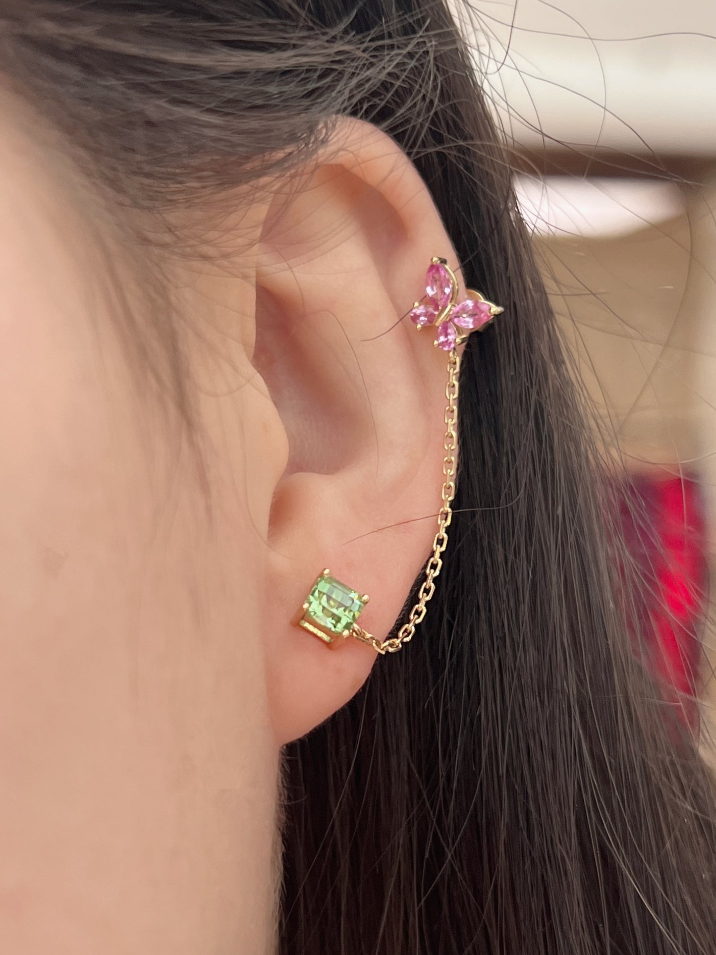 Bluish green tourmaline and pink sapphire butterfly earring in 18k yellow gold