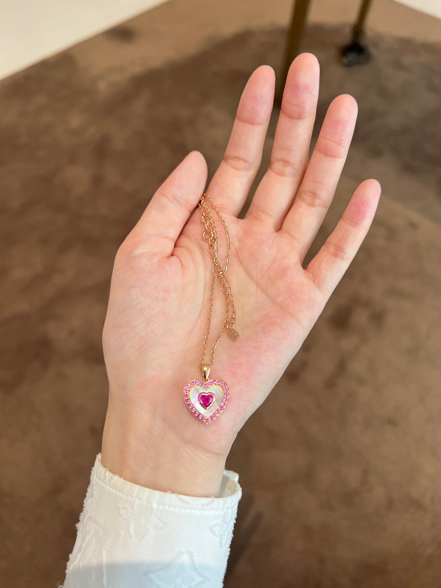 Ruby heart necklace in 18k rose gold with mother of pearl and pink sapphire
