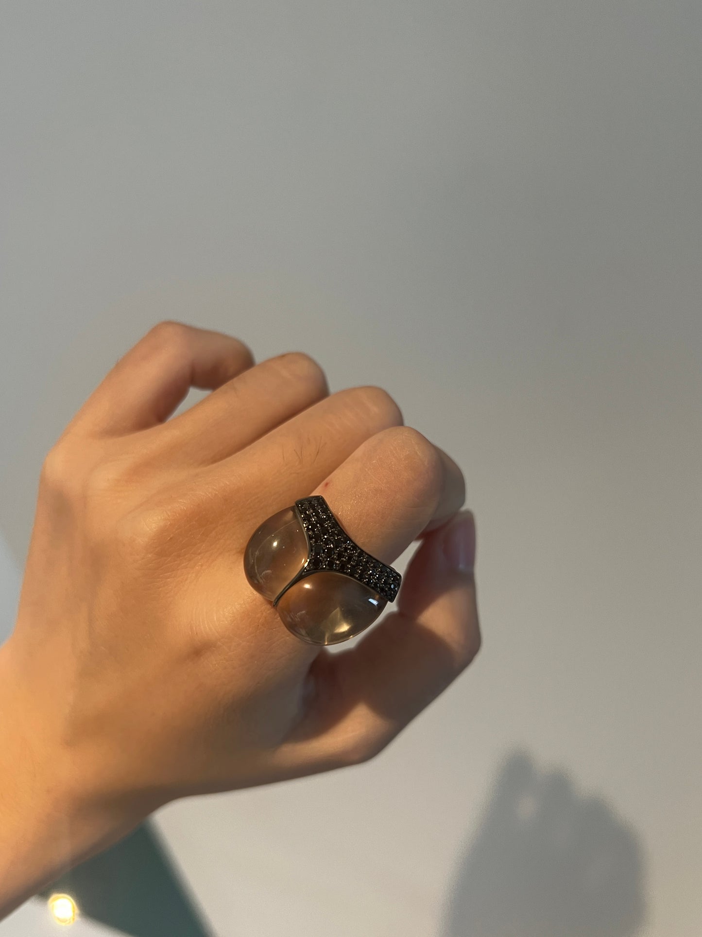Booty Ring in black gold with smoky quartz and black spinel