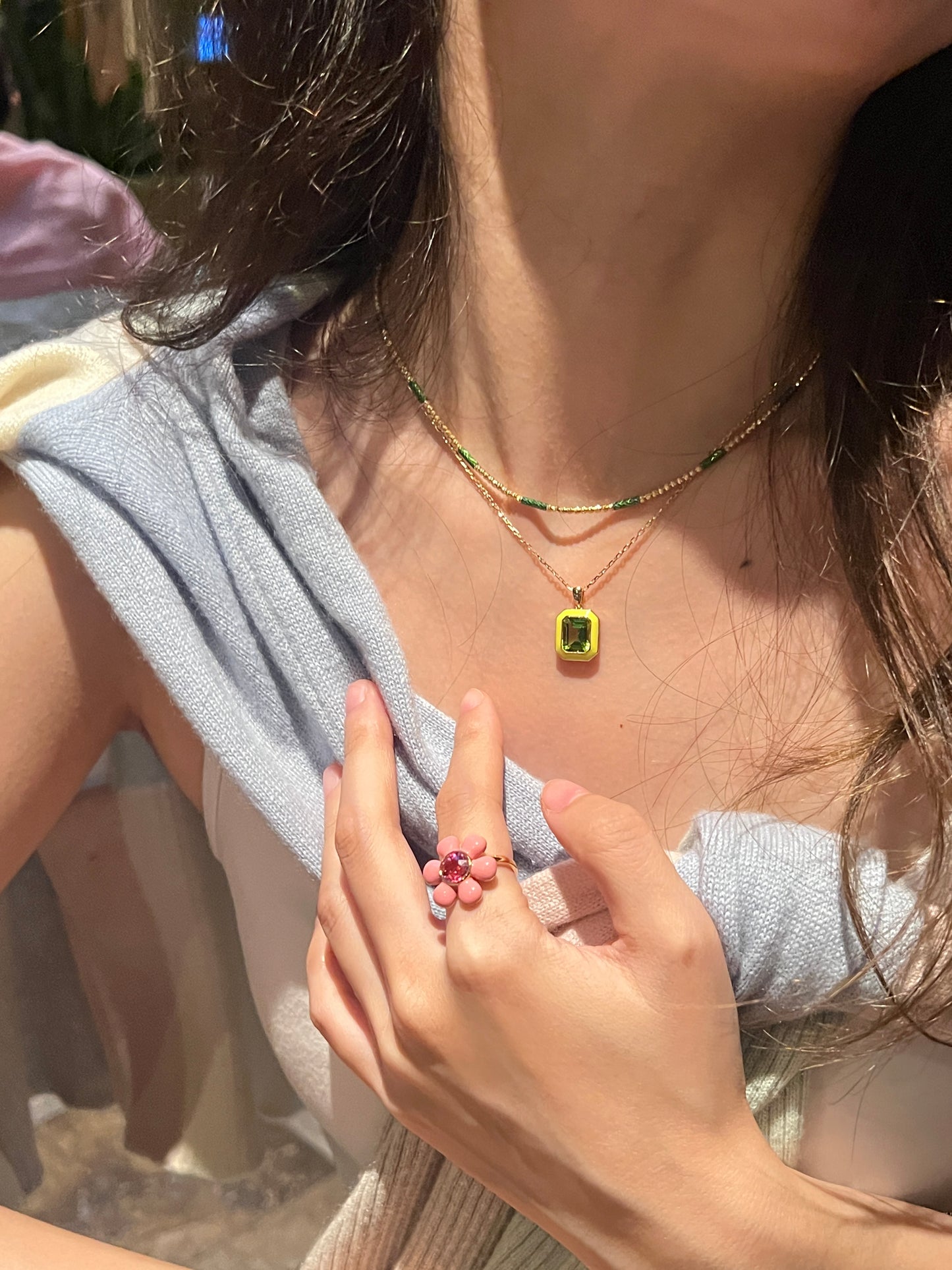 Peridot enamel necklace in 18k yellow gold