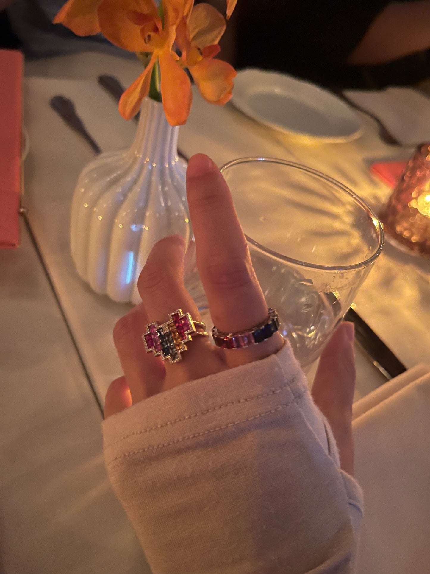 Rainbow sapphire heart shape ring in 18k yellow gold