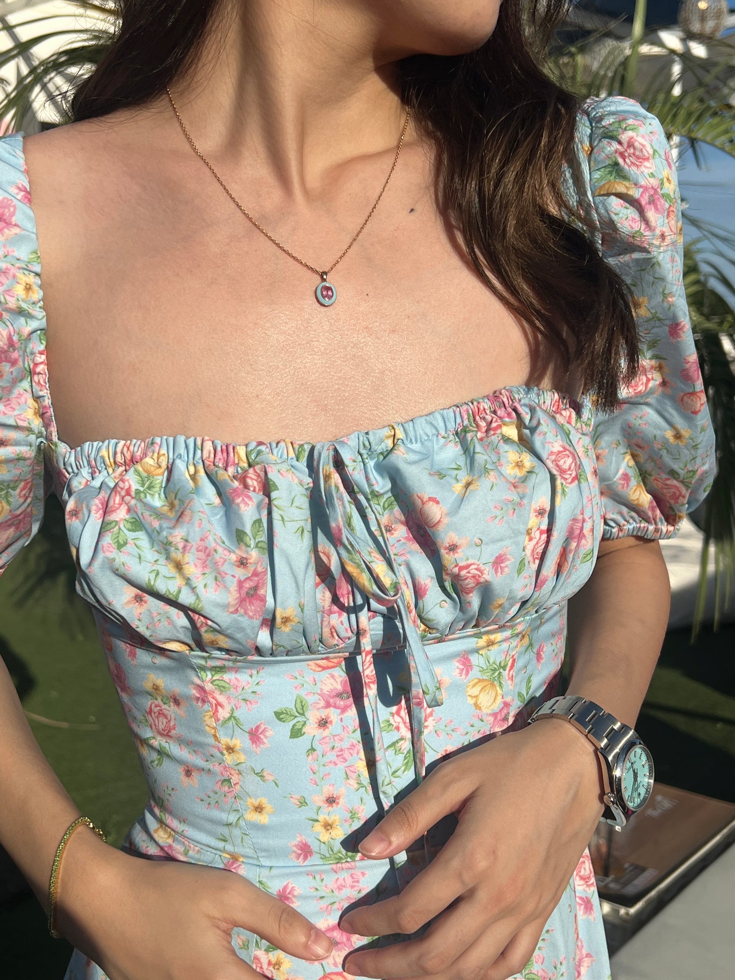 Pink spinel enamel necklace in 18k yellow gold