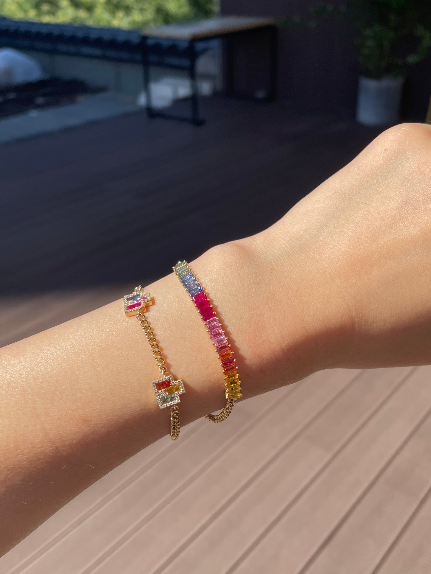 Rainbow sapphire baguettes 18k gold bracelet