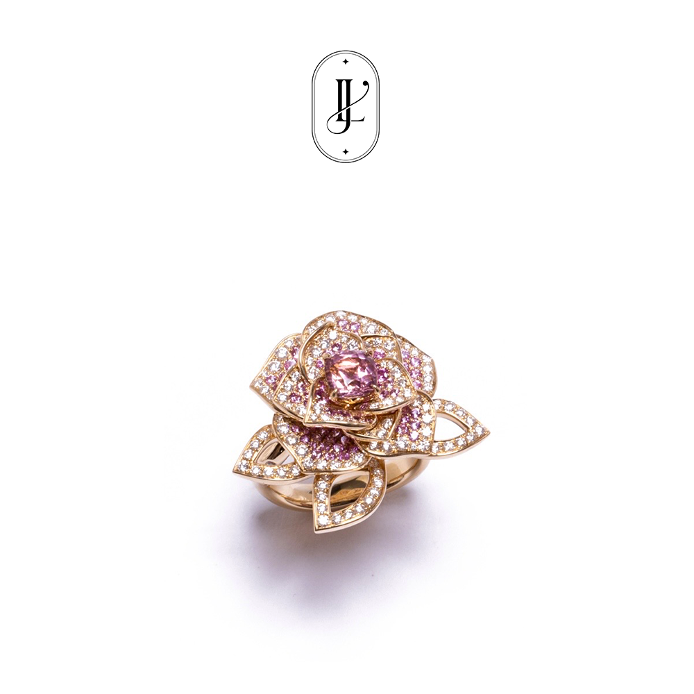 Tourmaline Rose ring in 18k yellow gold with diamond and pink sapphire