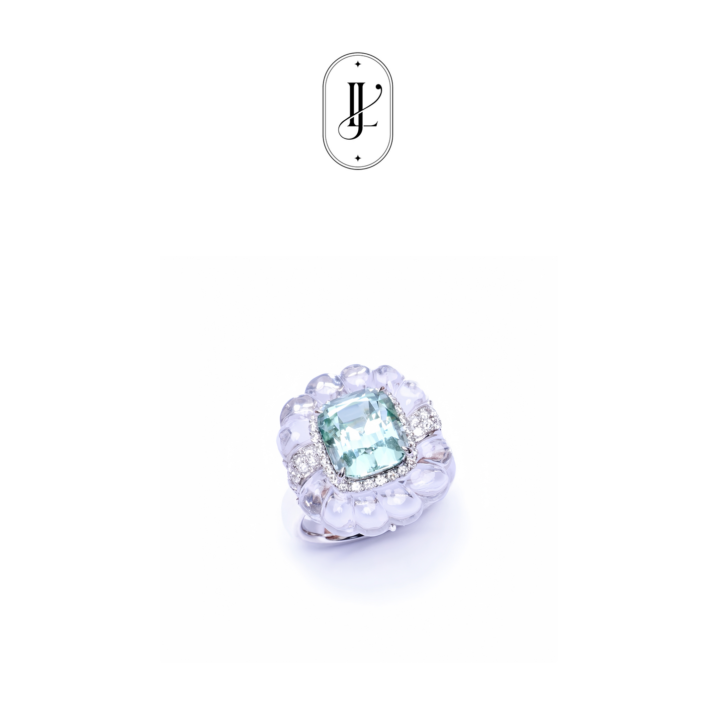 Mint green tourmaline and rock crystal ring in 18k white gold with diamond