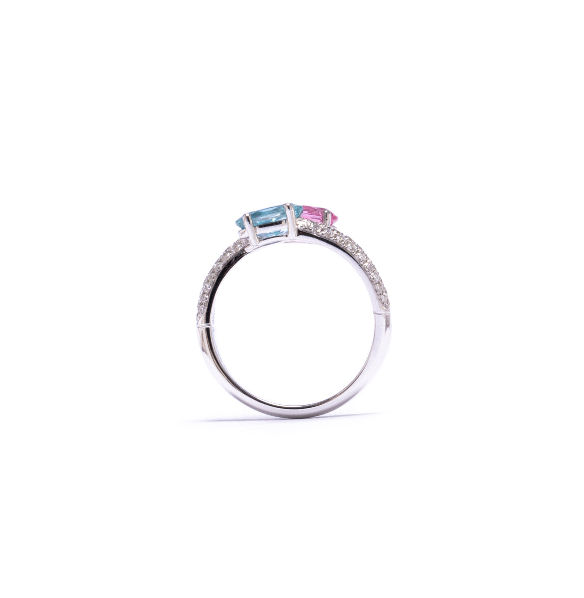 Toi et moi spinel and blue zircon ring in 18 white gold with diamond