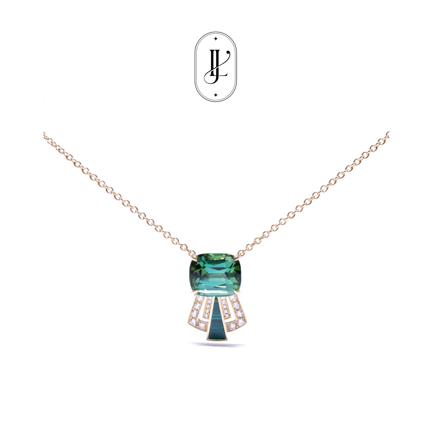 Art deco green tourmaline necklace in 18k yellow gold with malachite and diamond