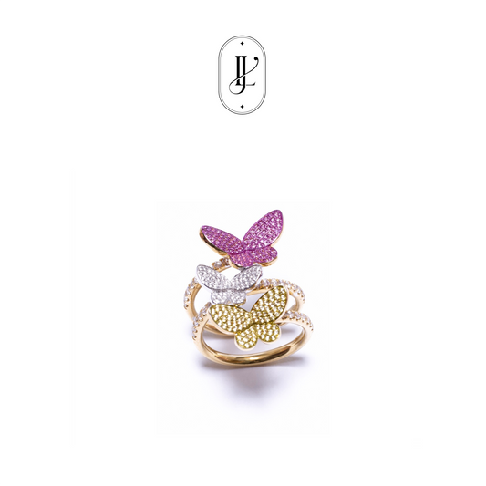 Butterfly ring in 18k gold with pink sapphire, yellow sapphire and diamond