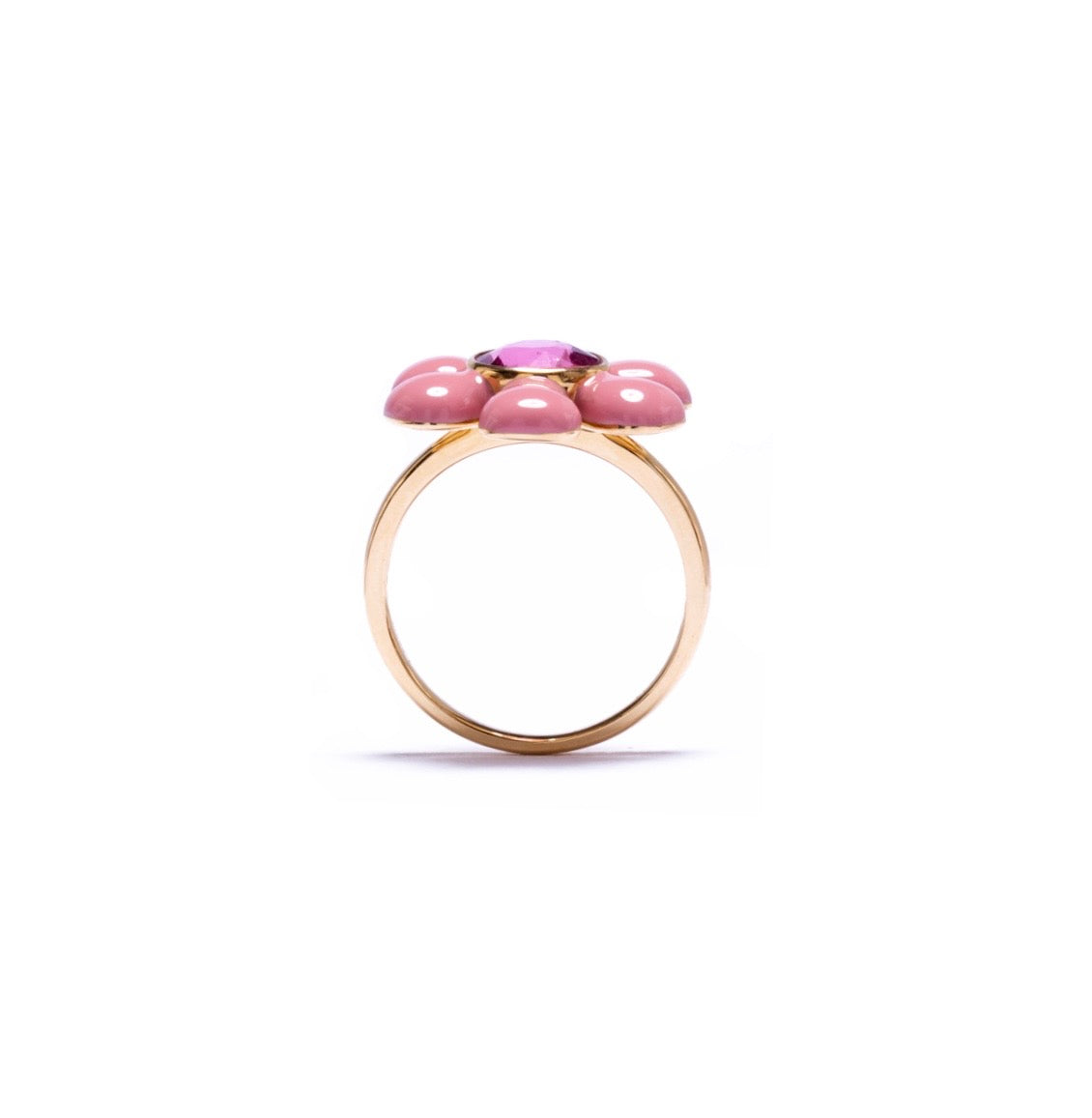 Flower shape enamel pink tourmaline ring in 18k gold