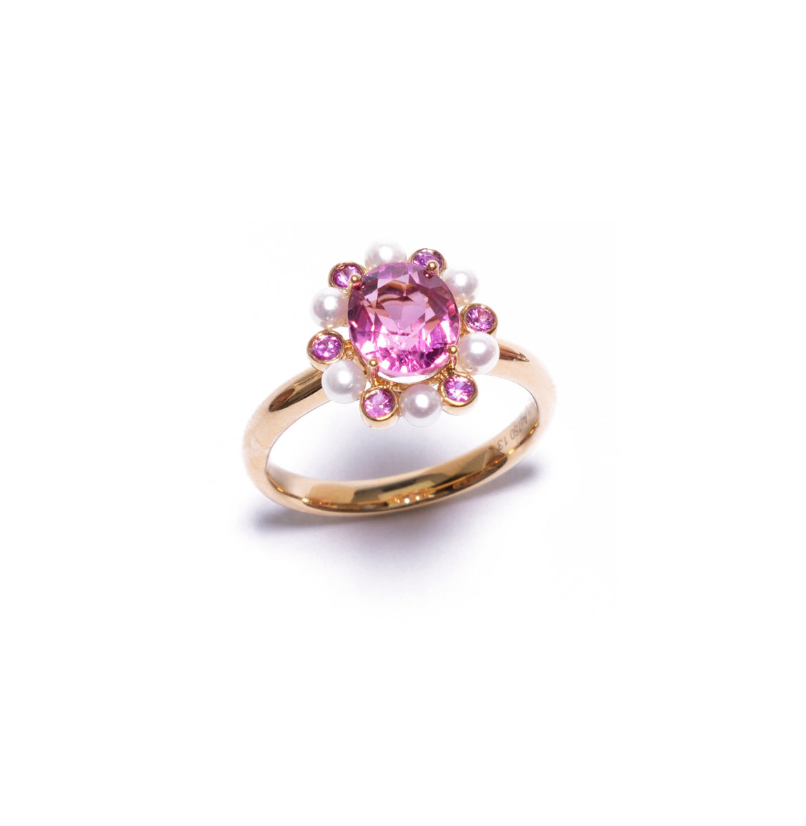 Pink tourmaline ring in 18k yellow gold with pearl and pink sapphire