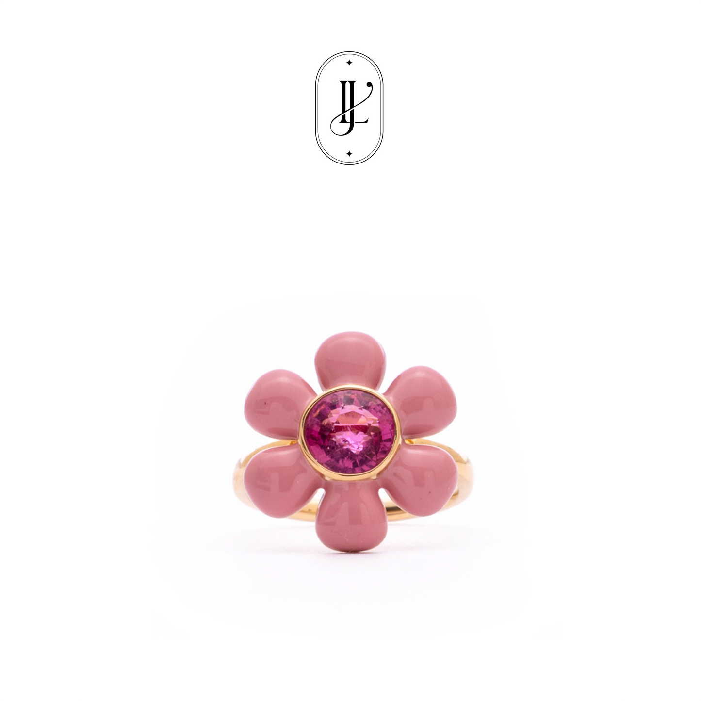 Flower shape enamel pink tourmaline ring in 18k gold