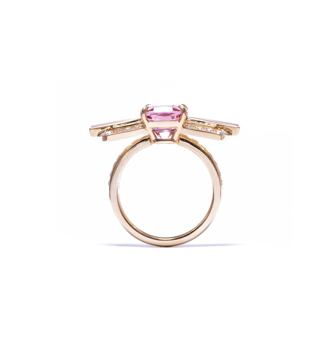 Art deco lotus pink tourmaline ring in 18k yellow gold with mother of pearl and diamond