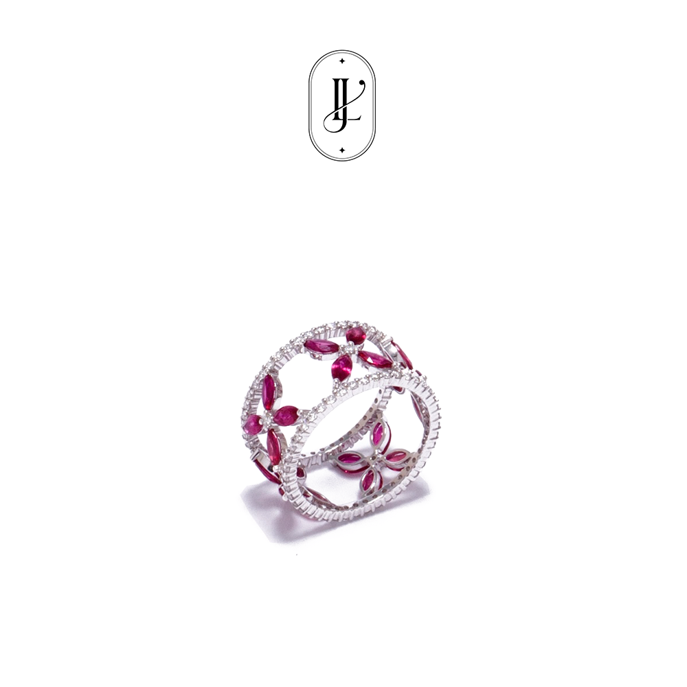 Marquise ruby flower and diamond ring in 18k white gold