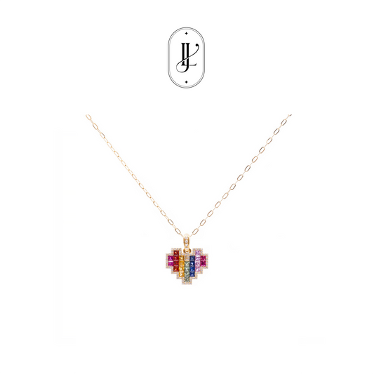 Rainbow sapphire heart necklace in 18k yellow gold