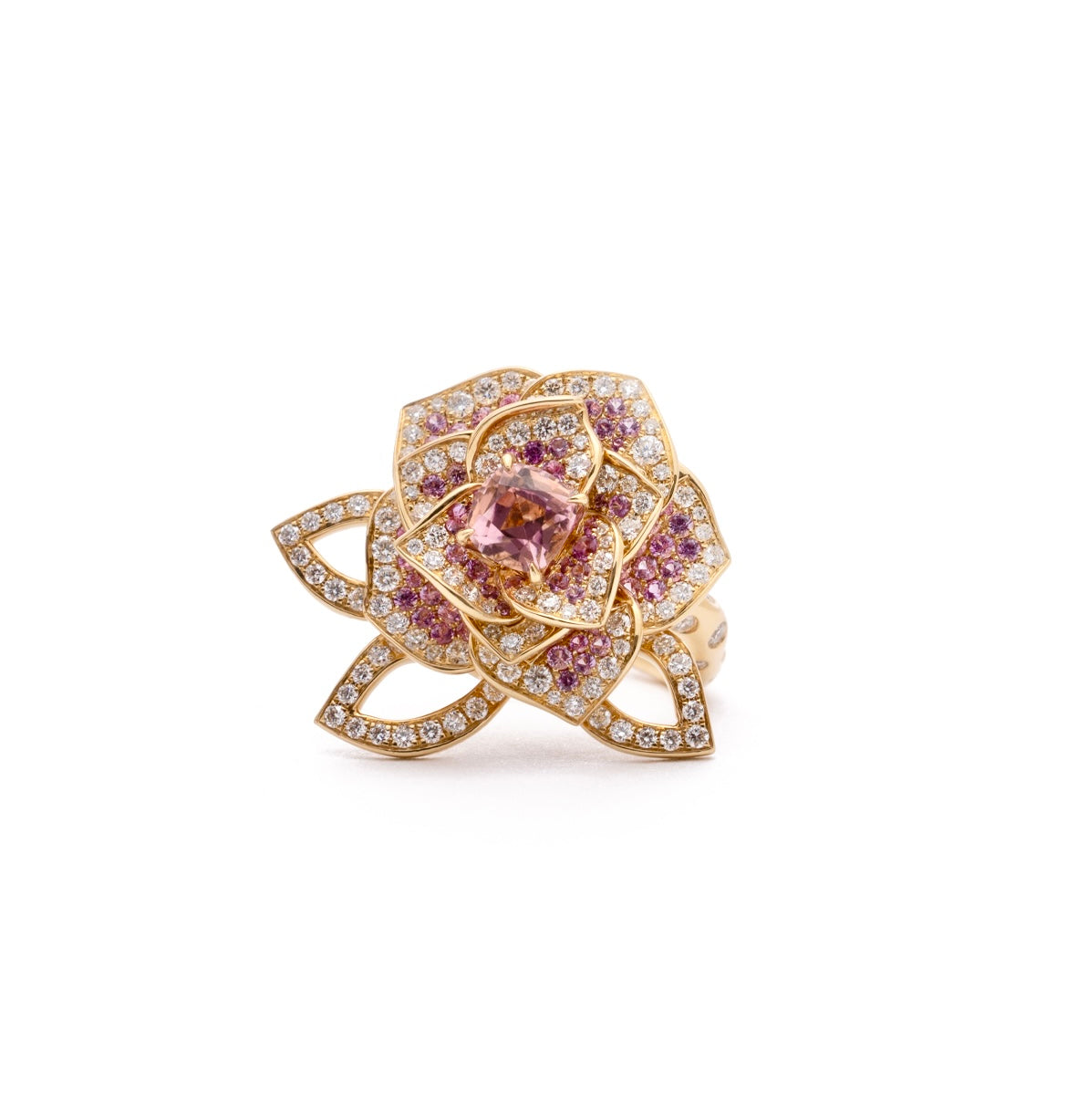 Tourmaline Rose ring in 18k yellow gold with diamond and pink sapphire