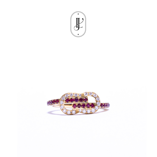 Ingot gold knot ring in 18k yellow gold with ruby and diamond