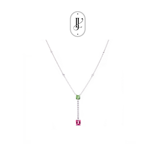 Green tourmaline and rubellite diamond pendant in 18k white gold