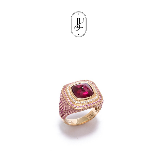 Rubellite tourmaline ring in 18k yellow gold with diamonds and pink sapphires