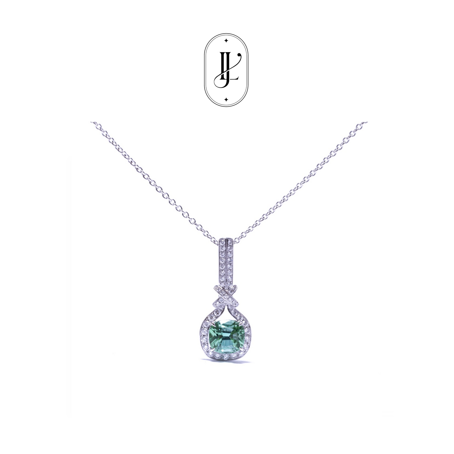 Double connection knot necklace in 18k white gold with tourmaline and diamond