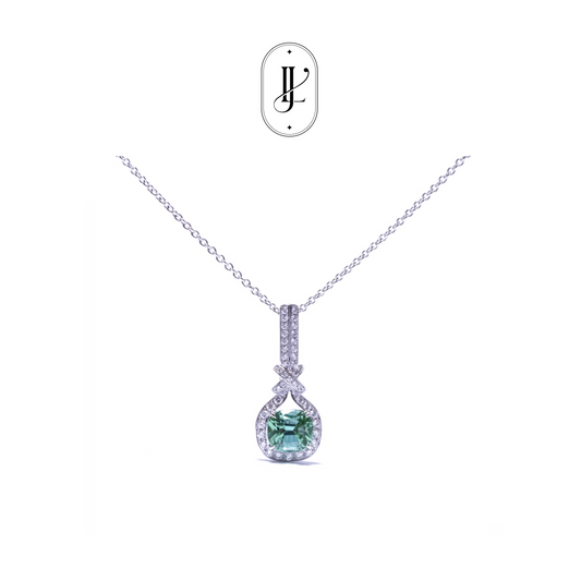 Double connection knot necklace in 18k white gold with tourmaline and diamond