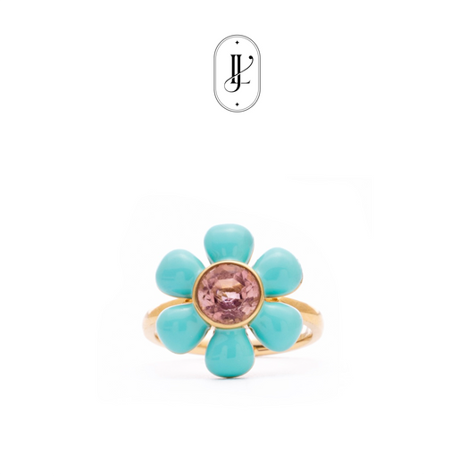 Flower shape enamel light pink tourmaline ring in 18k gold