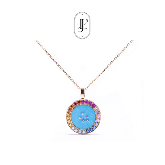 Turquoise pendant in 18k yellow gold with color sapphires