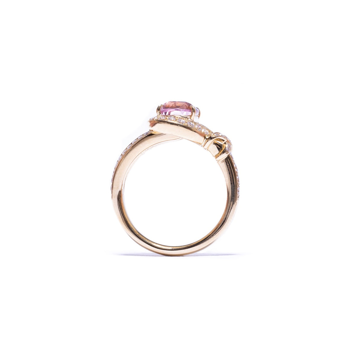 Double connection knot ring in 18k yellow gold with tourmaline and diamond