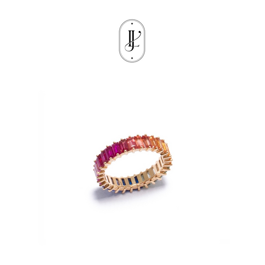 Rainbow sapphire baguettes ring in 18k yellow gold