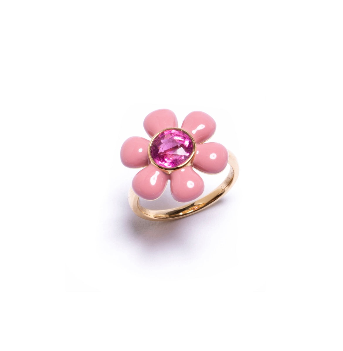 Flower shape enamel pink tourmaline ring in 18k gold