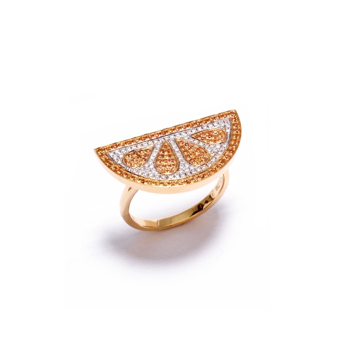 Fruity orange ring in 18k yellow gold with diamonds and orange sapphires