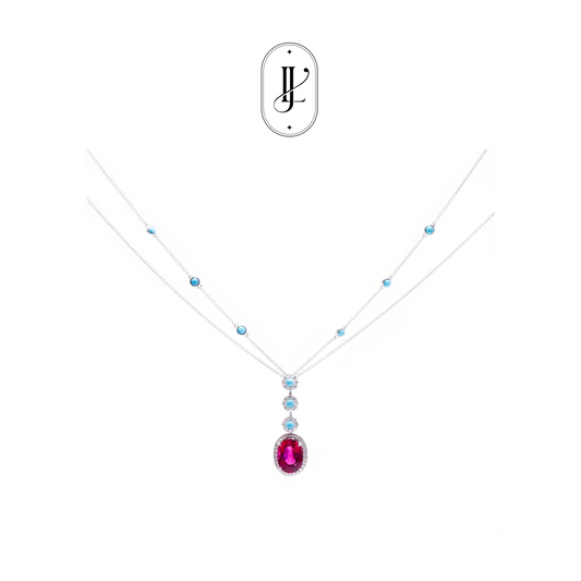 Rubellite tourmaline and turquoise drop necklace in 18k white gold