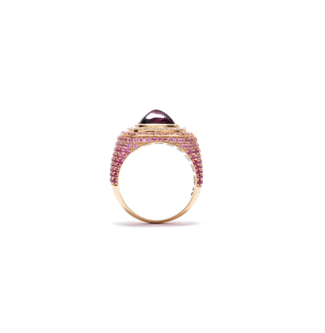 Rubellite tourmaline ring in 18k yellow gold with diamonds and pink sapphires