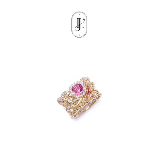 Delicate floral lace ring in 18k yellow gold with hot pink spinel and color sapphires