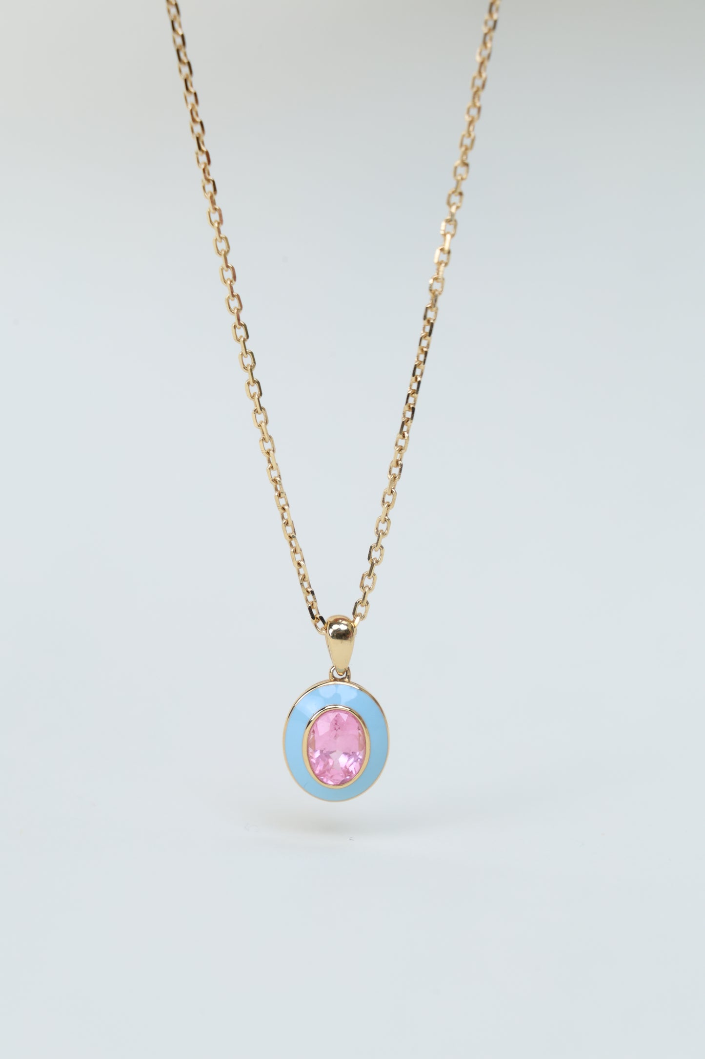 Pink spinel enamel necklace in 18k yellow gold