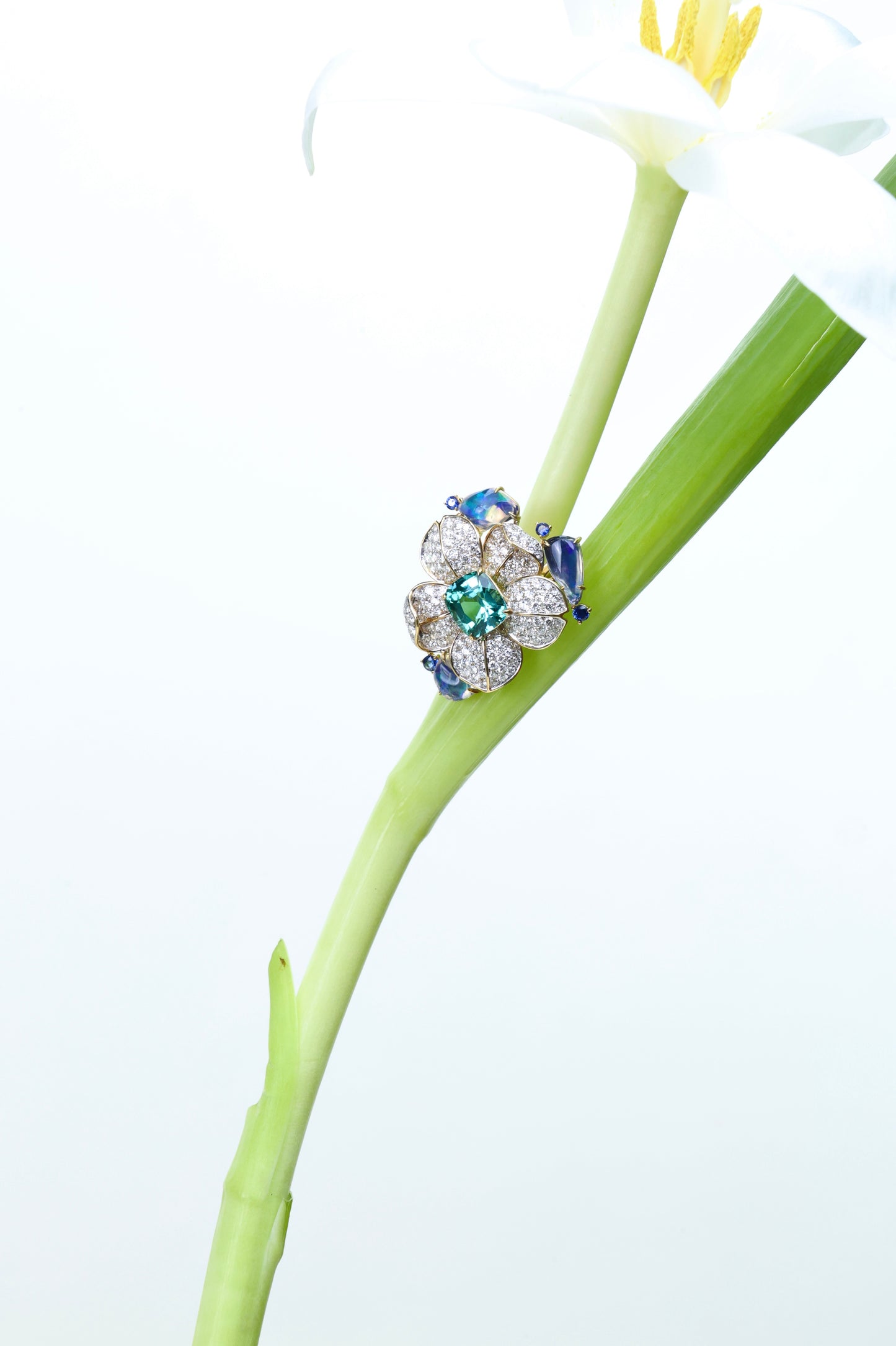 Lagoon tulip flower ring in 18k yellow gold with opal, diamond and sapphire