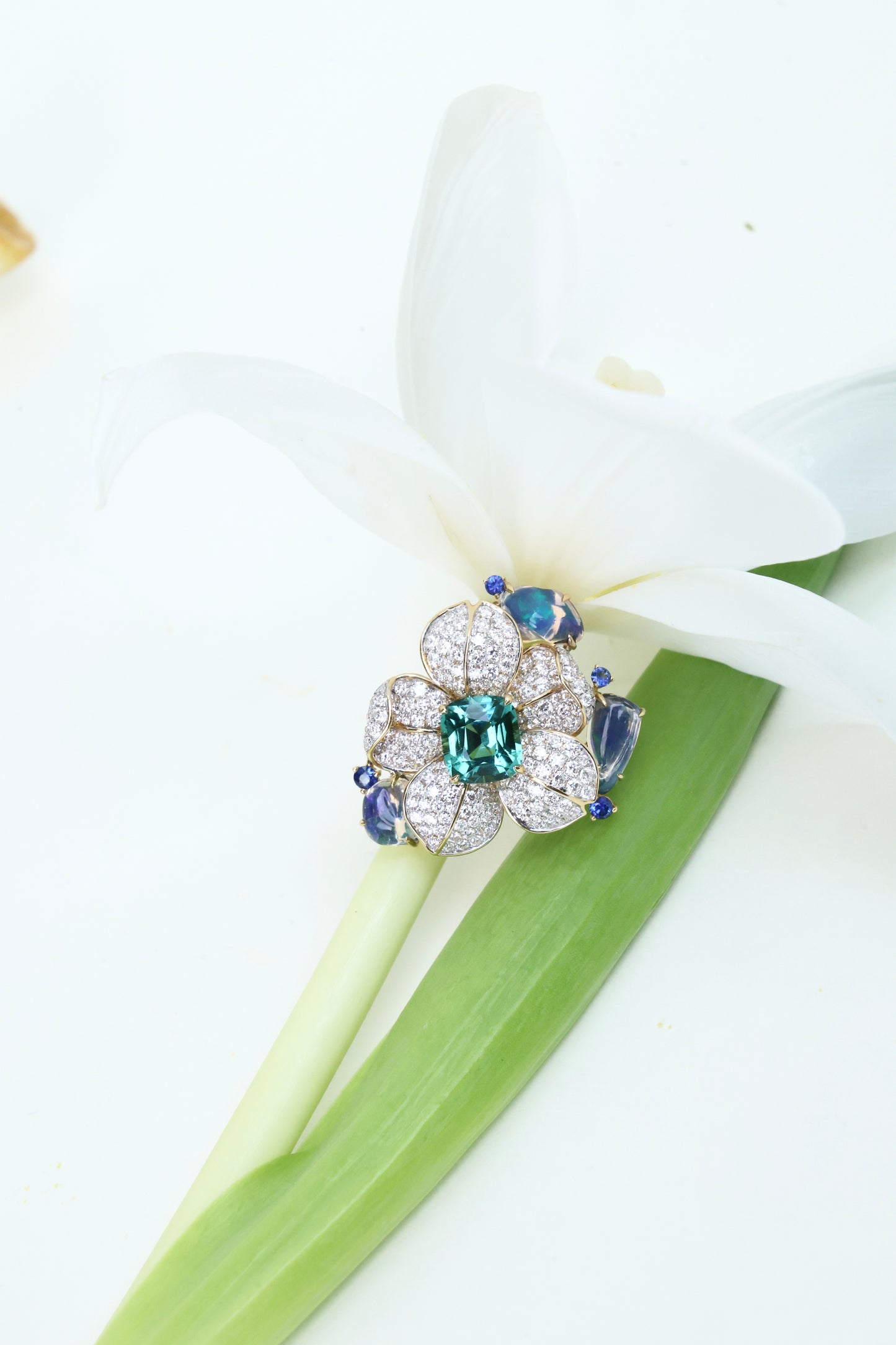 Lagoon tulip flower ring in 18k yellow gold with opal, diamond and sapphire