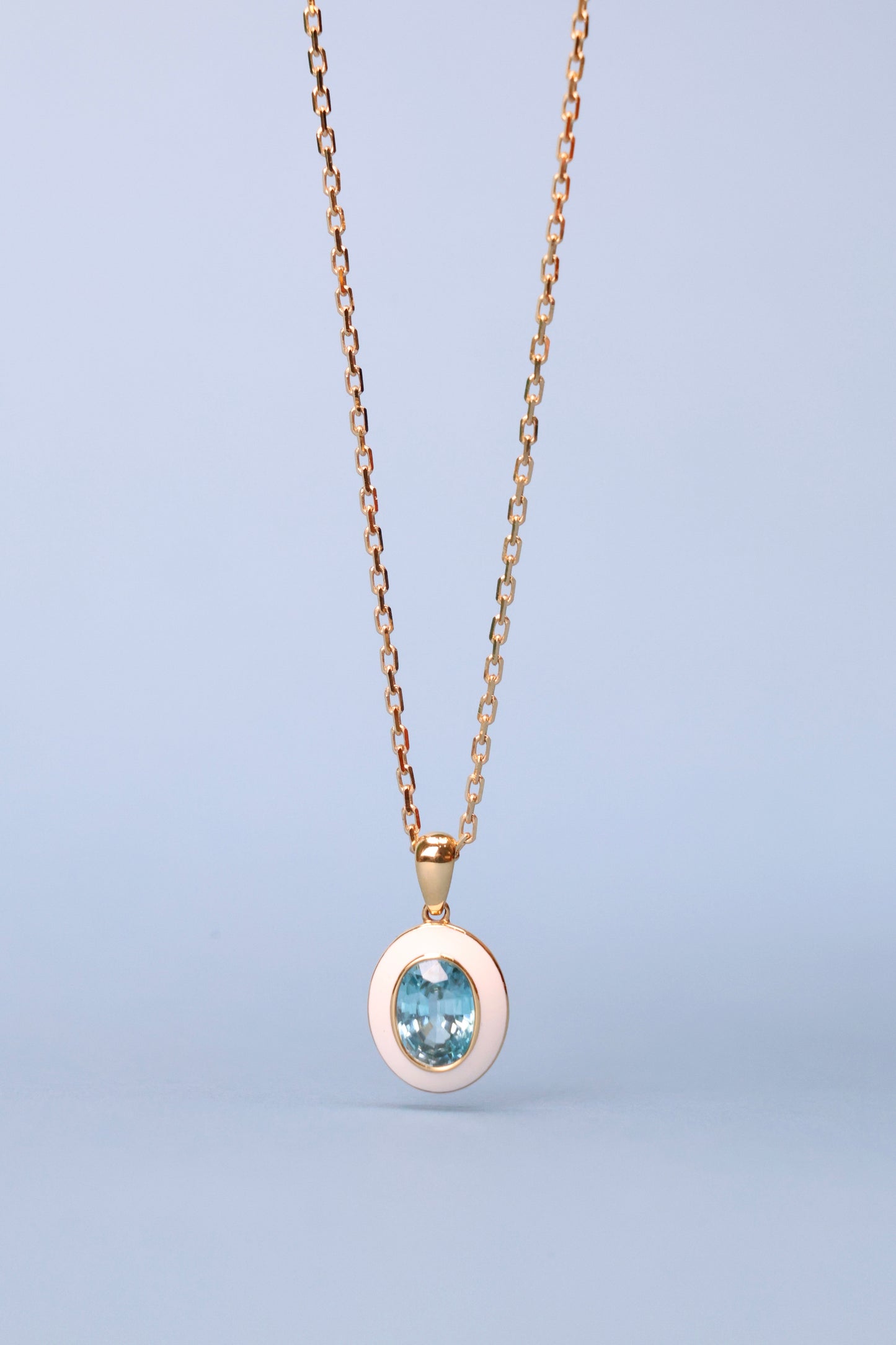 Natural blue zircon enamel necklace in 18k yellow gold