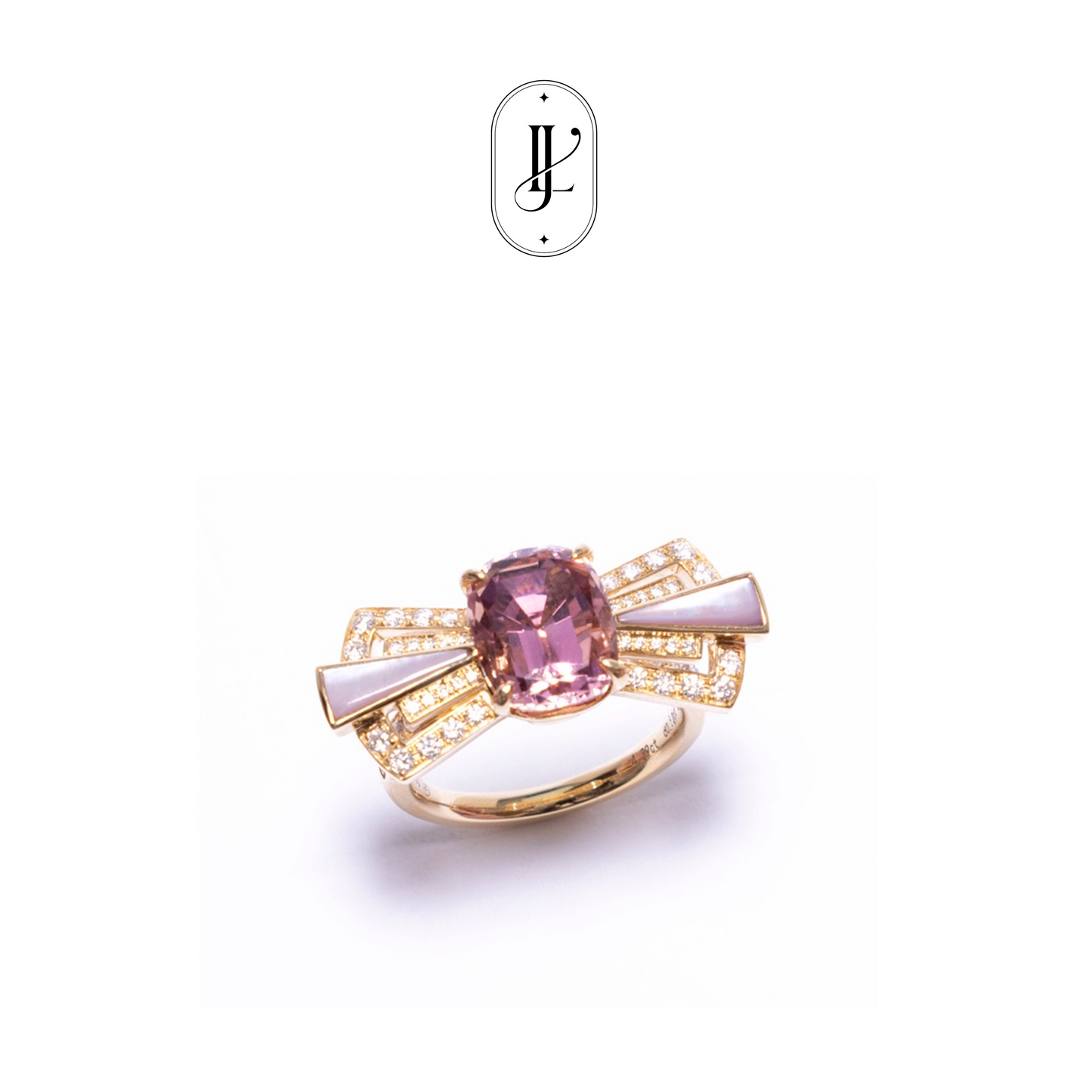 Art deco lotus pink tourmaline ring in 18k yellow gold with mother of pearl and diamond