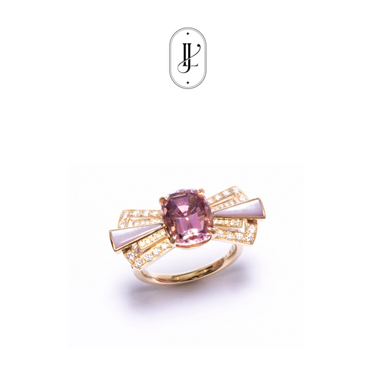 Art deco lotus pink tourmaline ring in 18k yellow gold with mother of pearl and diamond