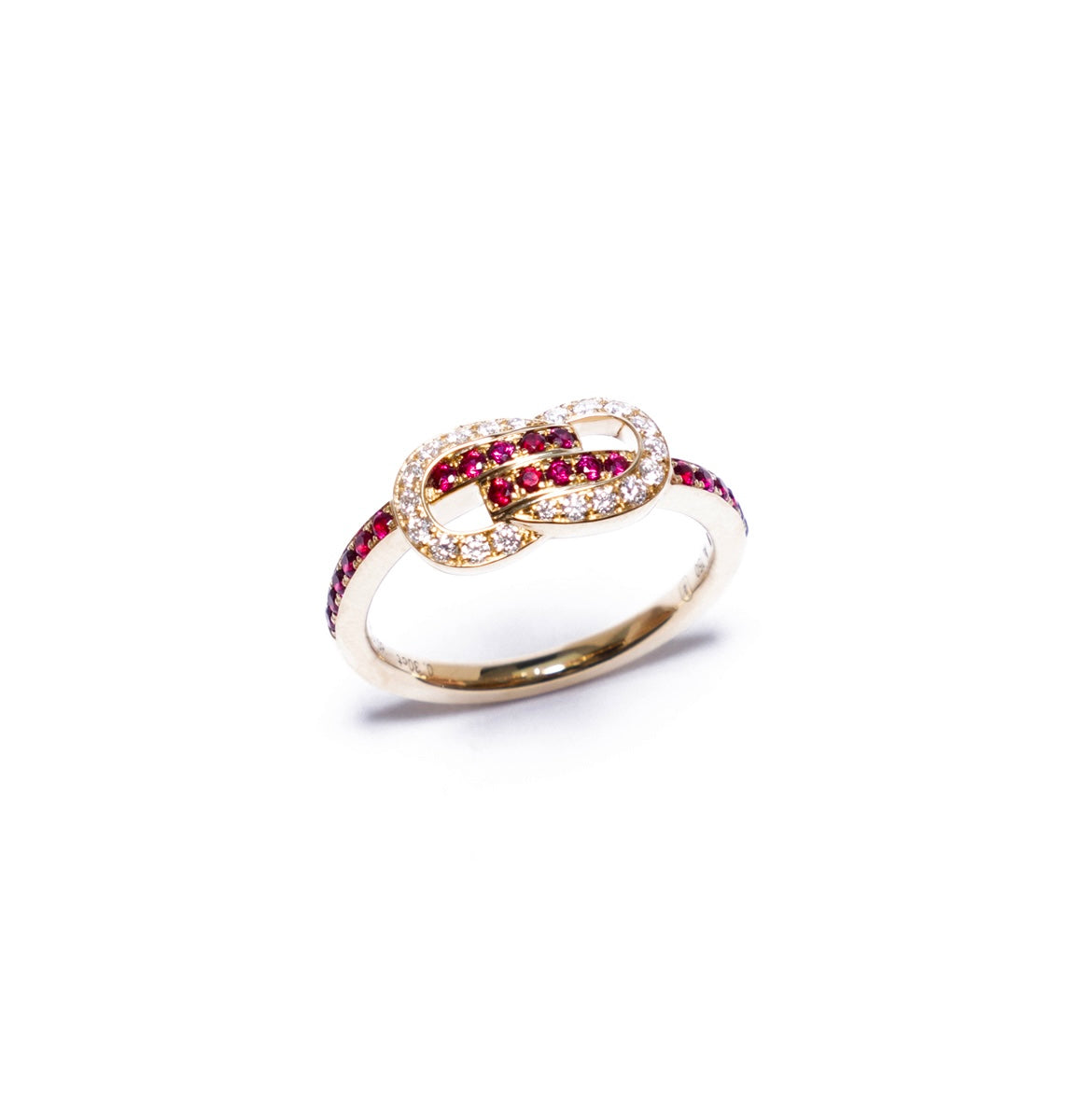 Ingot gold knot ring in 18k yellow gold with ruby and diamond