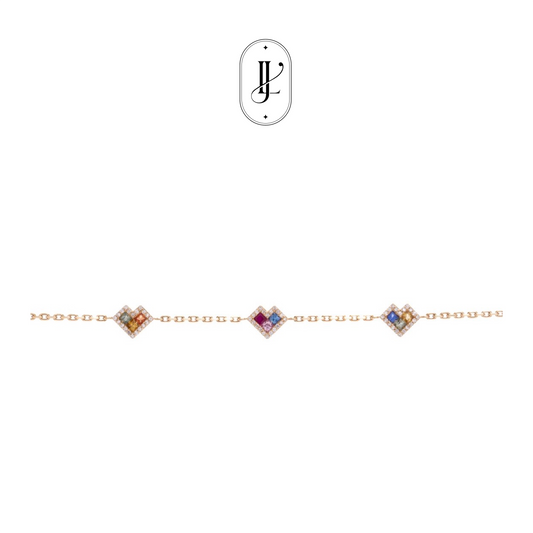 Rainbow sapphire heart bracelet in 18k yellow gold