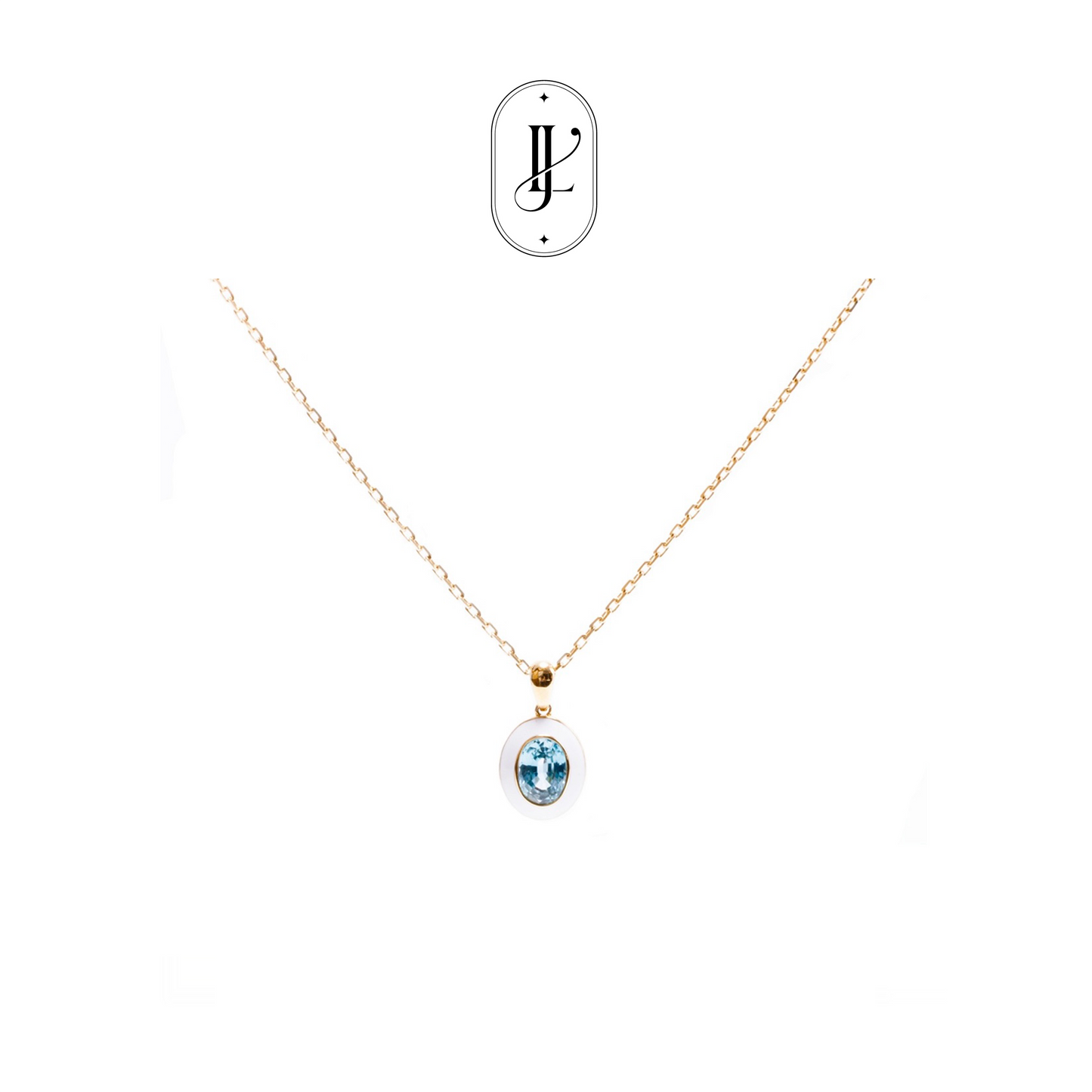 Natural blue zircon enamel necklace in 18k yellow gold