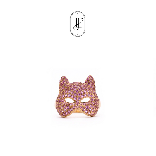 Fox mask ring in 18k yellow gold with pave pink sapphire