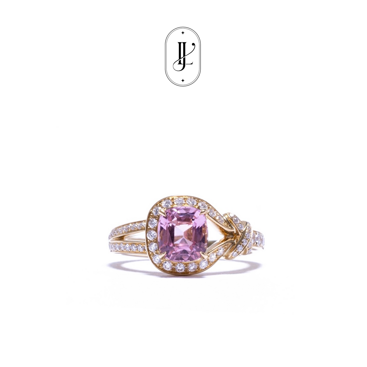 Double connection knot ring in 18k yellow gold with tourmaline and diamond