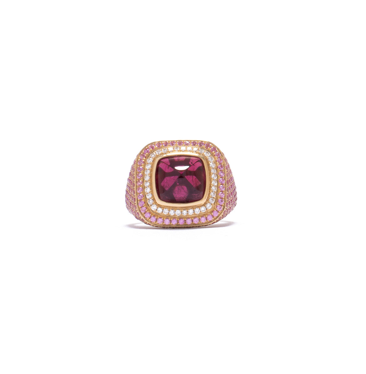 Rubellite tourmaline ring in 18k yellow gold with diamonds and pink sapphires