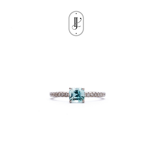 Blue tourmaline ring in white gold with pave diamonds