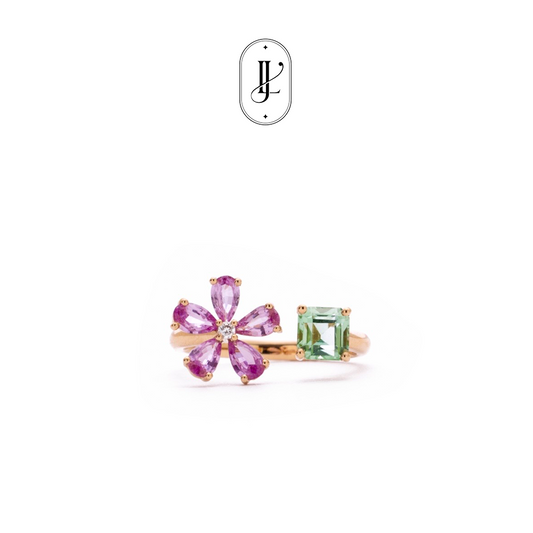 Bluish green tourmaline and pink sapphire flower ring in 18k yellow gold