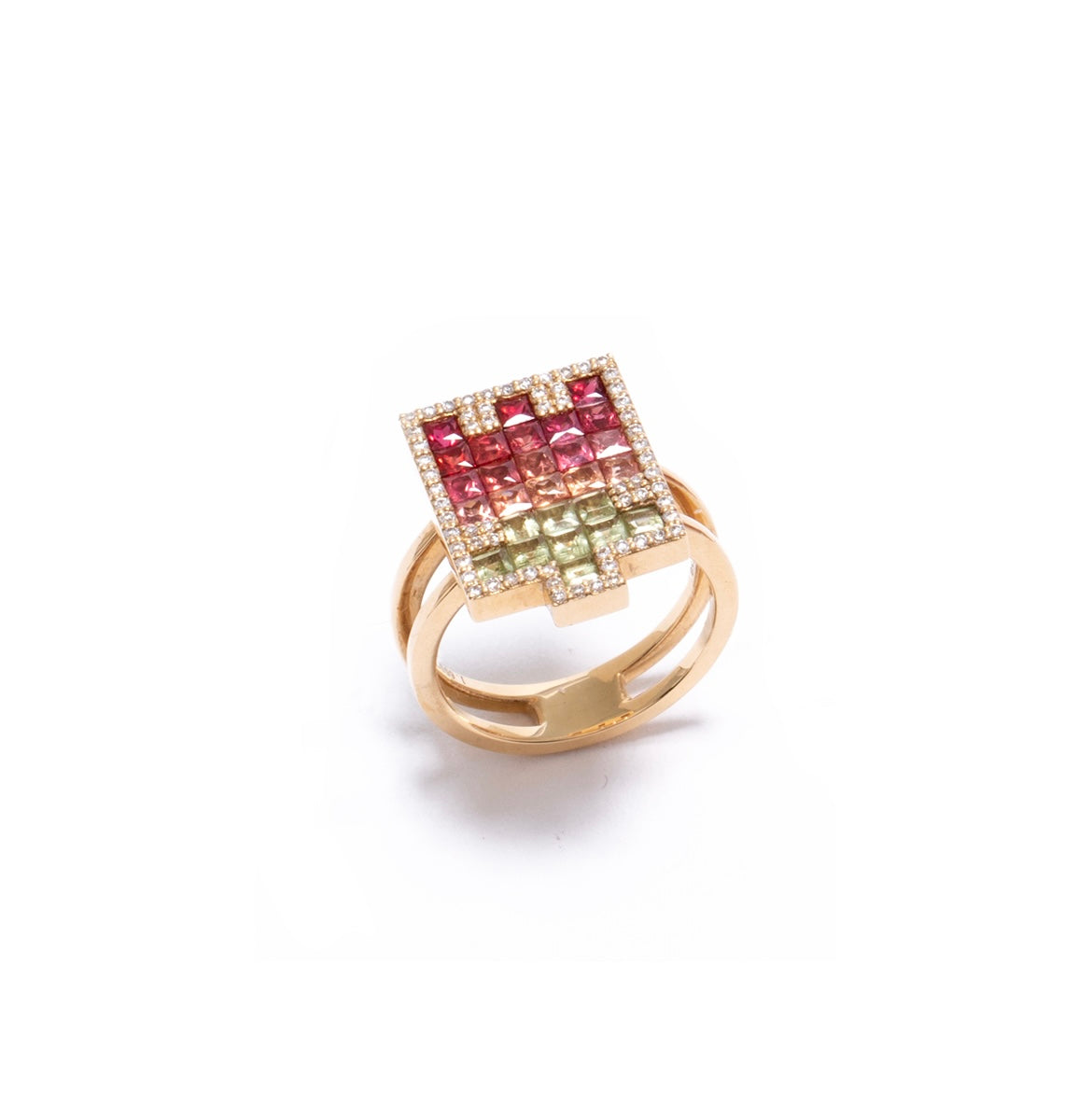 Padparadscha sapphire and green sapphire ring in 18k yellow gold